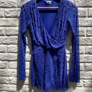 Oh Polly - Embellished Wrap Over A-Line Mini Dress in Dark Royal Blue US 2